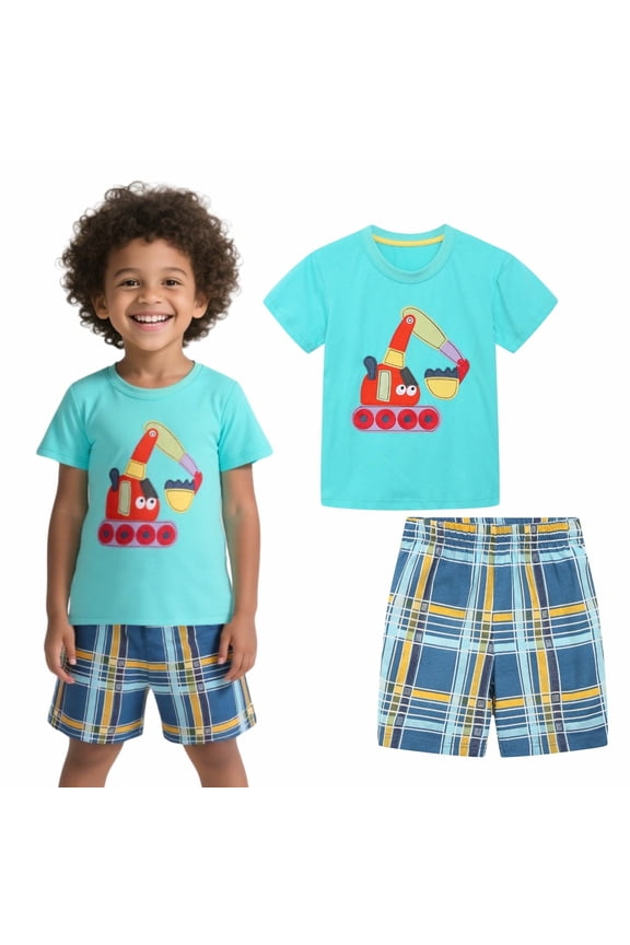 Toddler Boys Round Neck Short Sleeve Knit Orange Excavator Tshirt Short Outfit Set 3Y