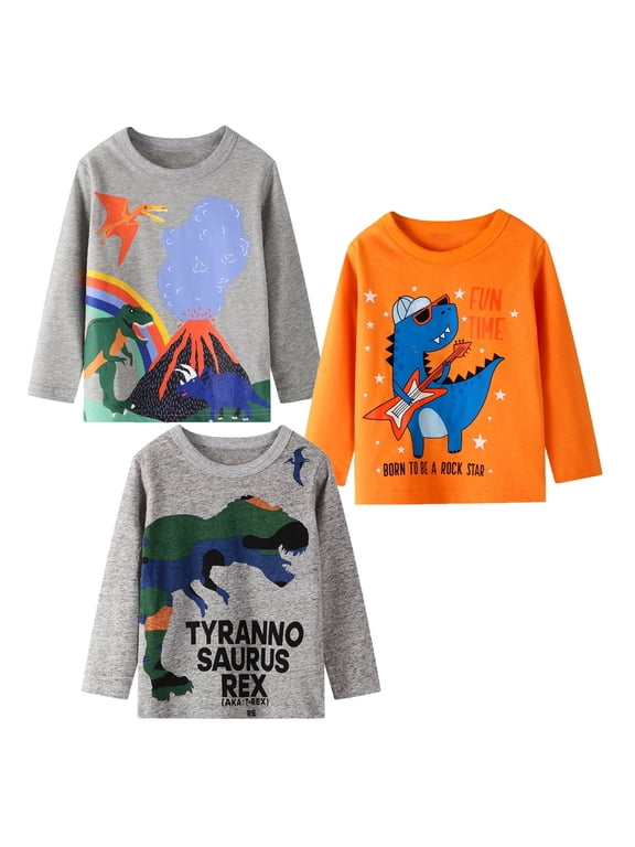 DINO TSHIRT: Long Sleeve, Crewneck, Cotton, Casual, 3-Pack, Size 5