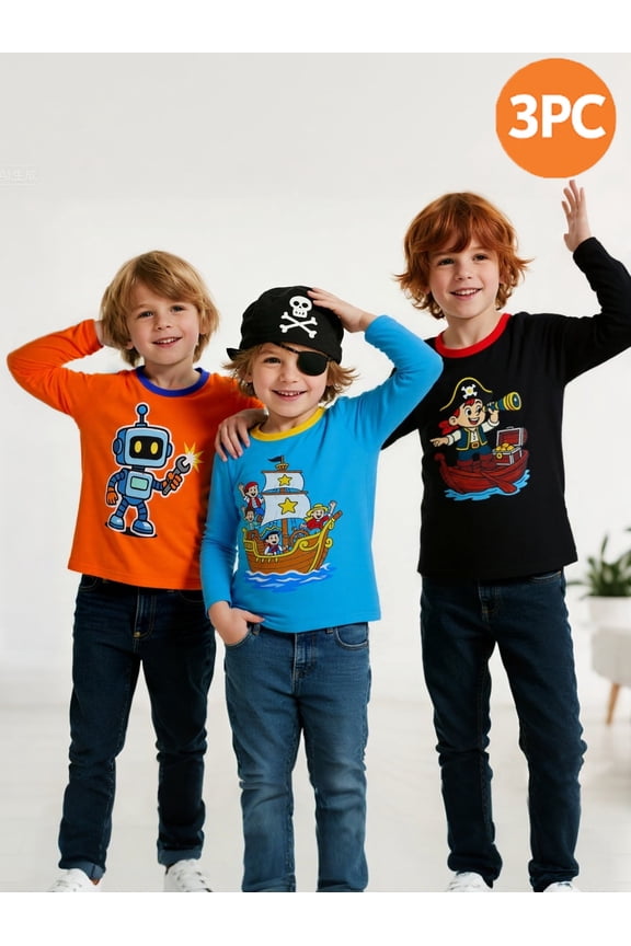 Baby Boys Shirt 3-Pack Robot And BoatGraphic Long-Sleeve Tees Winter Cotton Casual Crewneck T-Shirts Sets 18M
