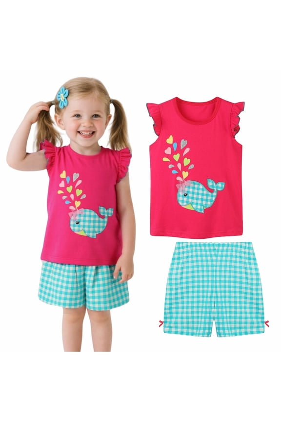 Girl's Summer Cotton Outfit Set, Ruffle Sleeve Pink Fish Top and Check Shorts, 2-Piece, 2T