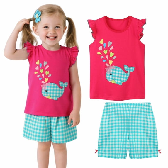 HILEELANG Little Girl Summer Shorts Set Ruffle Sleeve Cotton Outfits Pink Fish Top Shirt Check Shorts Pant 2PC Set 7Years