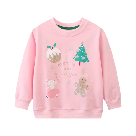 HILEELANG Girls 2T-7Y Christmas Cotton Sweatshirt, Tree & Gingerbread Graphic, Pink, Long Sleeve