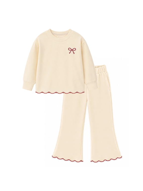 Girls 2-Piece Outfit Set, Bow Embroidered Sweatshirt and Flare Pants with Scalloped Trim, Cream, Ages 5Y