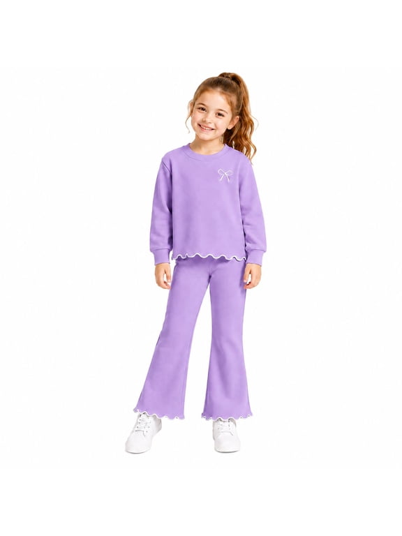 Girls 2-Piece Outfit Set, Bow Embroidered Sweatshirt and Flare Pants with Scalloped Trim, Lavender Purple, Ages 5Y
