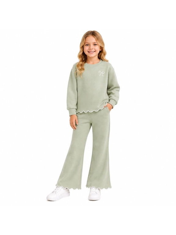 Girls 2-Piece Outfit Set, Bow Embroidered Sweatshirt and Flare Pants with Scalloped Trim, Sage Green, Ages 5Y