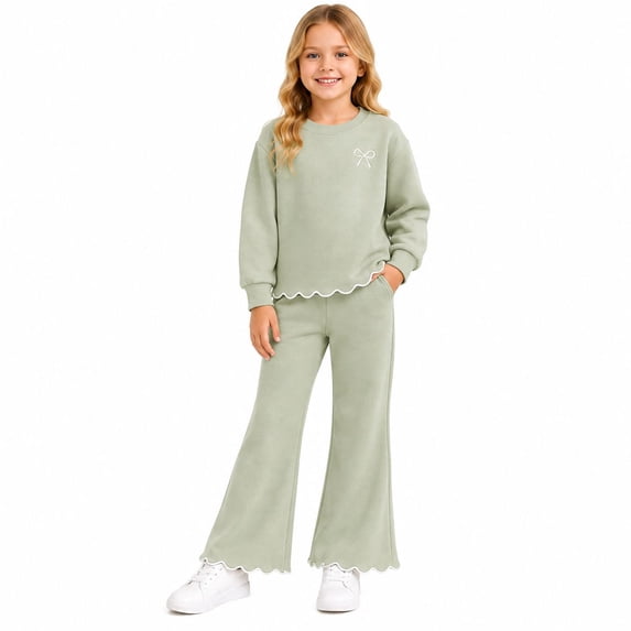 HILEELANG Girls 2 Piece Outfit Set, Bow Detail Long Sleeve Top & Flare Pants, Scallop Trim, Sage Green, Sizes 3-8 Years