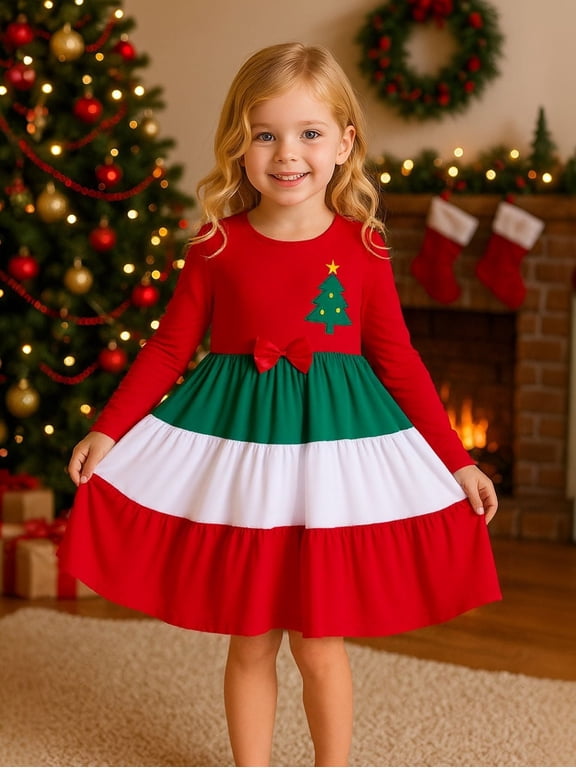Girls Christmas Dress Long Sleeve CottonHoliday Outfit with Bow Red Green Tiered Festive Party Dress for Toddler Kids, Xmas Birthday Outfit Winter Clothing 3T