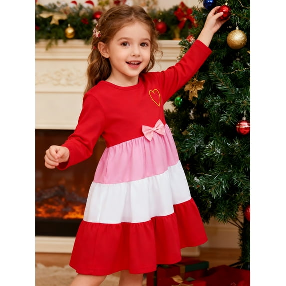 HILEELANG Girls Christmas Dress Long Sleeve Red Pink Tiered Party Outfit with Heart Bow Cotton Holiday Valentine’s Day Dress for Toddler Kids 5T