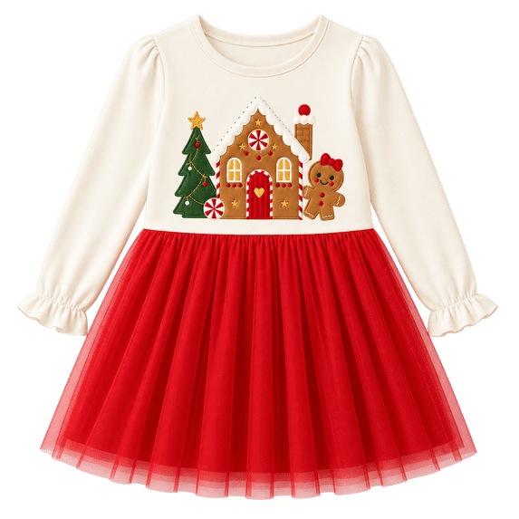 HILEELANG Girls Christmas Gingerbread Long Sleeve Tulle Dress, Cream Red,5Y