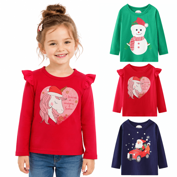 HILEELANG Girls Christmas Long Sleeve Graphic T-Shirts, 3-Pack Soft Cotton Crewneck Tees with Santa, Snowman and Unicorn, Sizes 2T-12