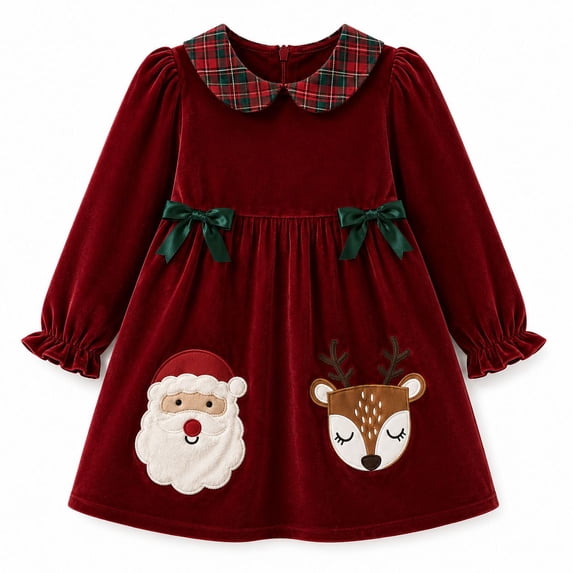 Santa Ress HILEELANG Girls Christmas Santa Reindeer Velvet Long Sleeve Dress ...