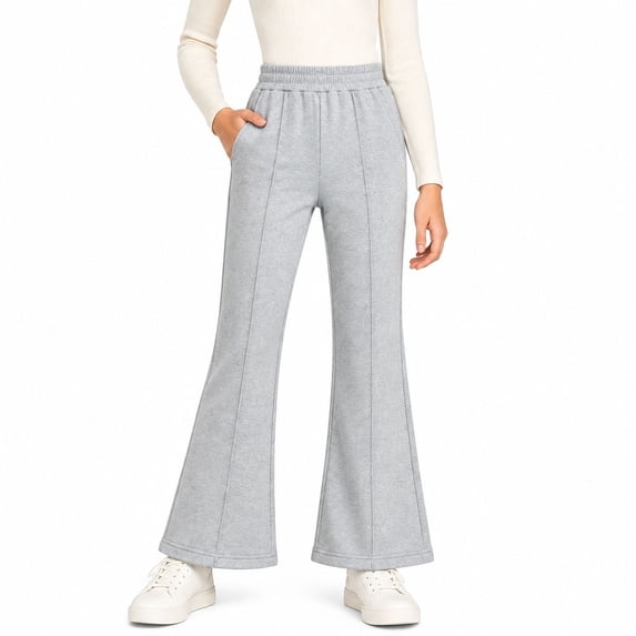 HILEELANG Girls Flare Pants with Pockets, Stretch Pull-On School Pants, Heather Gray,Size 10Y