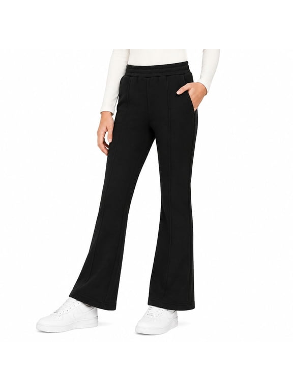 Girls Flare Pants with Pockets, Stretch Pull-On School Pants, Black,Size 12Y