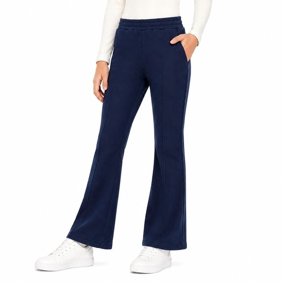 HILEELANG Girls Flare Pants with Pockets, Stretch Pull-On School Pants, Navy