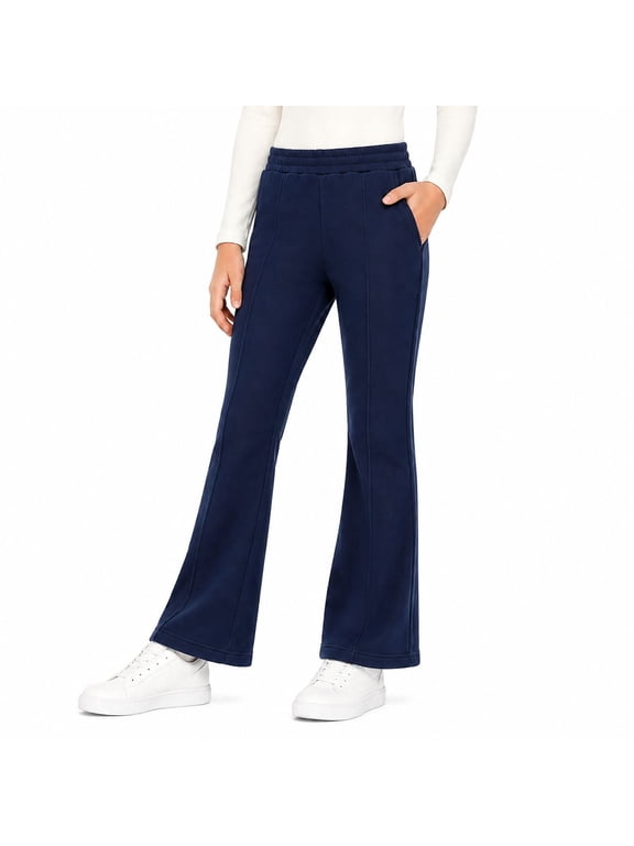 Girls Flare Pants with Pockets, Stretch Pull-On School Pants, Navy,Size 10Y