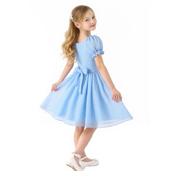 HILEELANG Girls Light Blue Swiss Dot Chiffon Dress, Puff Sleeve Wedding Party Dress with Waist Bow, 4-13Y