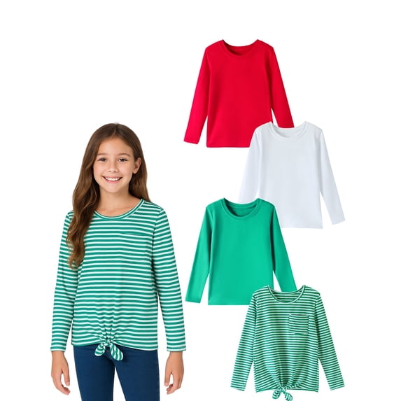 HILEELANG Girls Long Sleeve Shirts 4-Pack, 100% Cotton, Red Green White Stripe, Size 5-16Y