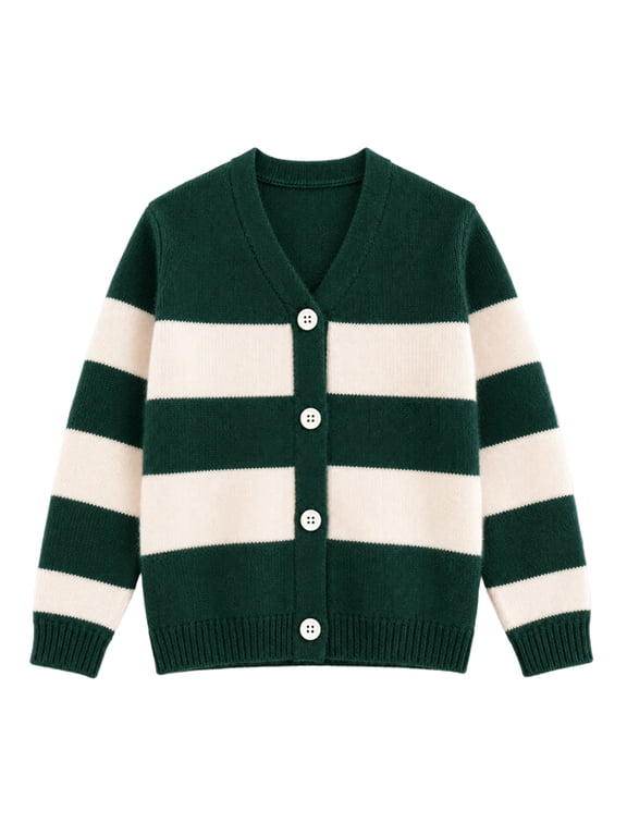 Girls Striped Cardigan Sweater, V-Neck Button Front Knit Cardigan for School and Casual Wear, Forest Green/Cream, Sizes 8Y