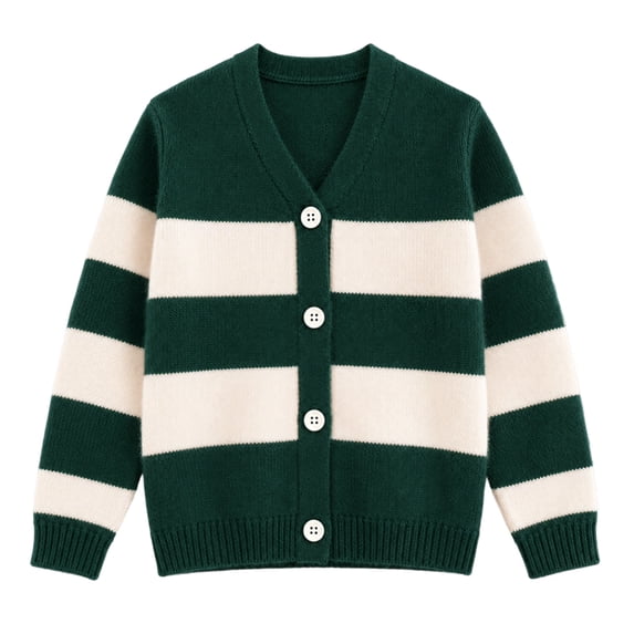 HILEELANG Girls Striped Cardigan Sweater, V-Neck Button Front Knit Cardigan for School and Casual Wear, Forest Green/Cream, Sizes 10Y