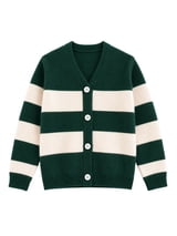 HILEELANG Girls Striped Cardigan Sweater, V-Neck Button Front Knit Cardigan for School and Casual Wear, Forest Green/Cream, Sizes 8Y