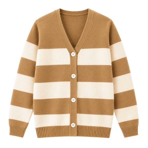 HILEELANG Girls Striped Cardigan Sweater, V-Neck Button Front Knit Cardigan for School and Everyday Wear, Camel/Cream, Sizes 12Y