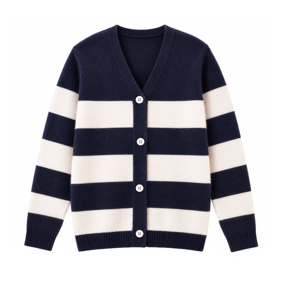 HILEELANG Girls Striped Cardigan Sweater, V-Neck Button Front Knit Cardigan for School and Everyday Wear, Navy/Cream, Sizes 8Y