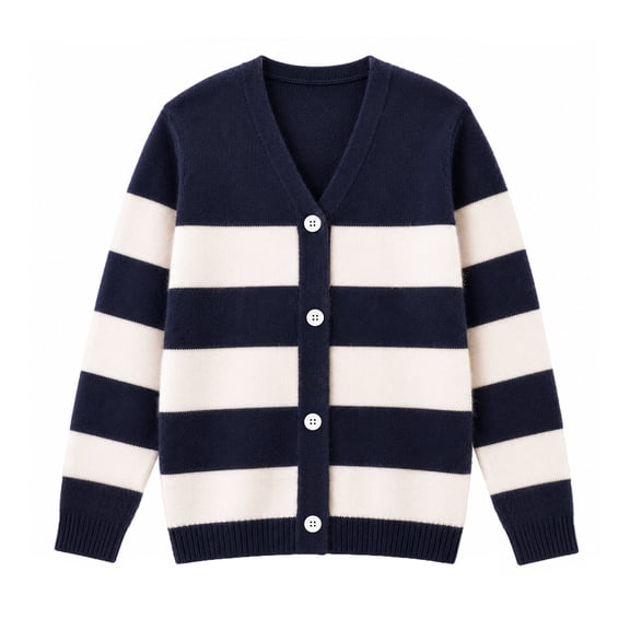 HILEELANG Girls Striped Cardigan Sweater, V-Neck Button Front Knit Cardigan for School and Everyday Wear, Navy/Cream, Sizes 8Y