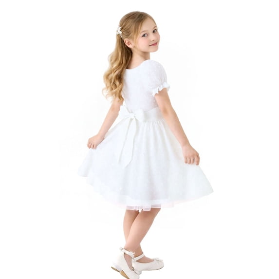 HILEELANG Girls Swiss Dot Chiffon Flower Girl Dress, White Puff Sleeve Twirl Dress with Waist Bow, 4-13Y