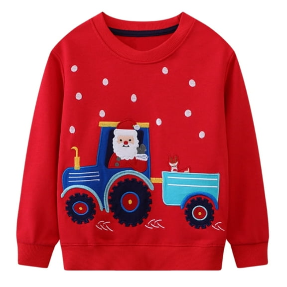 HILEELANG Kids Boy Red Sweatshirts Christmas Cotton Casual Crewneck Santa Claus Applique Pullover Tops Sweater Shirts Size 6