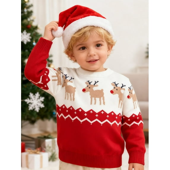 HILEELANG Toddler Boy Girl Sweater Christmas Knit Pullover Crewneck Offer White Red Christmas Elk Deer Sweatshirts Holiday Sweater 4-5T