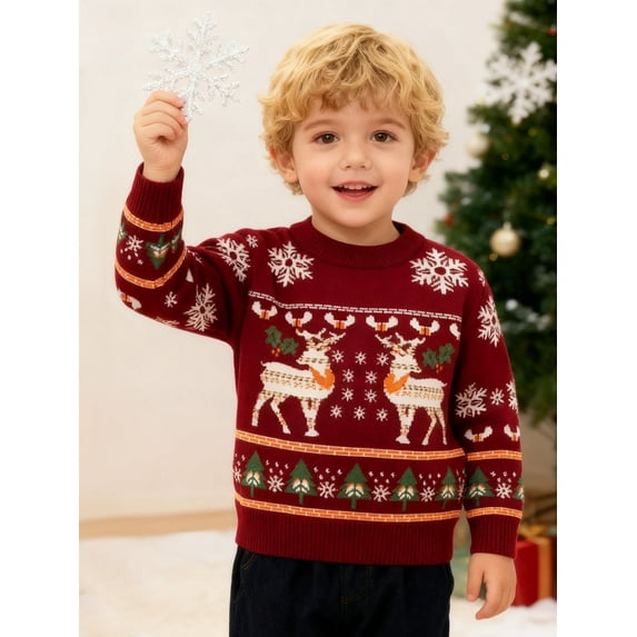 HILEELANG little Boy Girl Christmas Sweater Knit Pullover Crewneck Wine Red Snow Elk Deer Sweatshirts Holiday Sweater 5-6T