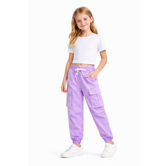 HILEELANG Kids Girl Quick-Dry Cargo Pants Lightweight 4-Way Stretch Outdoor Joggers for Girls Lavender 7-8 Years