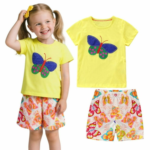 HILEELANG Kids' Cotton Butterfly Tee & Floral Shorts Set, Yellow, 3T
