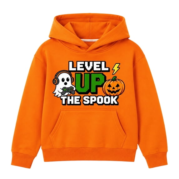 HILEELANG Boys Halloween Gamer Graphic Hoodie, Ghost Pumpkin Sweatshirt, Orange, Sizes 12Y