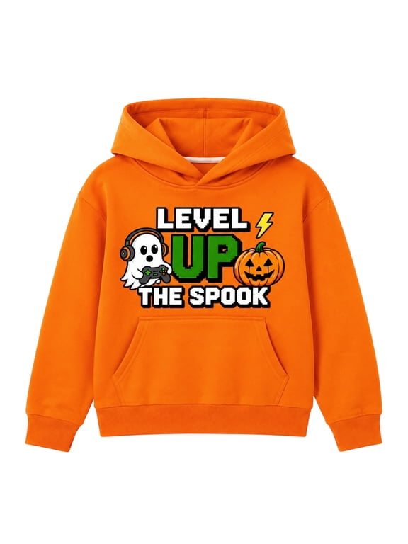 Boys Halloween Gamer Graphic Hoodie, Ghost Pumpkin Sweatshirt, Orange, Sizes 14Y