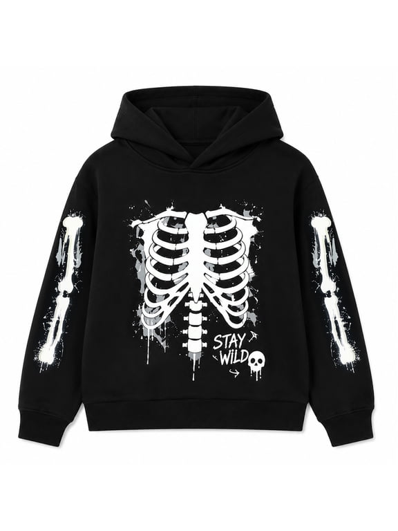 Boys Halloween Hoodie Glow in the Dark Skeleton Sweatshirt Black 12Y