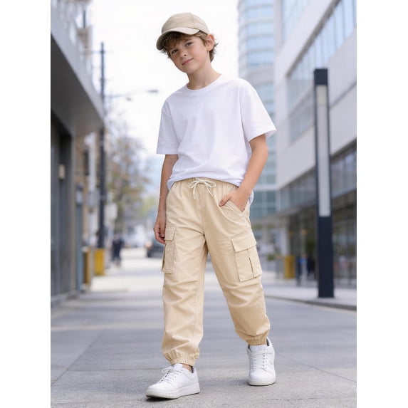 HILEELANG Kids Quick-Dry Cargo Pants Lightweight 4-Way Stretch Outdoor Joggers for Boys & Girls 11-12 Years Khaki