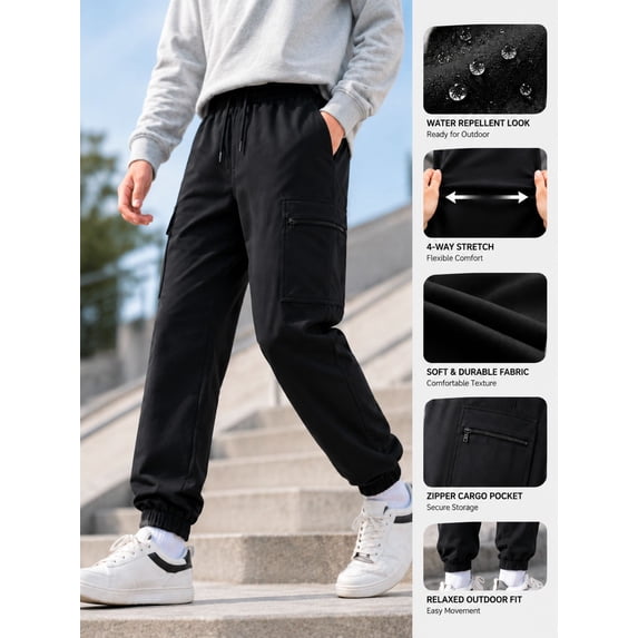 HILEELANG Boys and Girls Cargo Jogger Sweatpants, Stretch Drawstring Pants with Zipper Pocket, Black, Ages 9-10Y