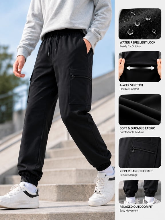 Boys and Girls Cargo Jogger Sweatpants, Stretch Drawstring Pants with Zipper Pocket, Black, Ages 9-10Y