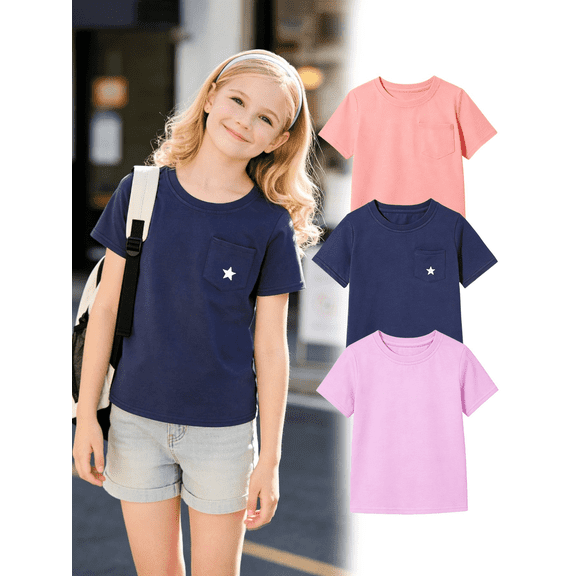 HILEELANG Little/Big Girls 4-13Y Pink/Purple/Navy Pocket 100% Cotton T-Shirt 3-Pack, Size 6-7Y