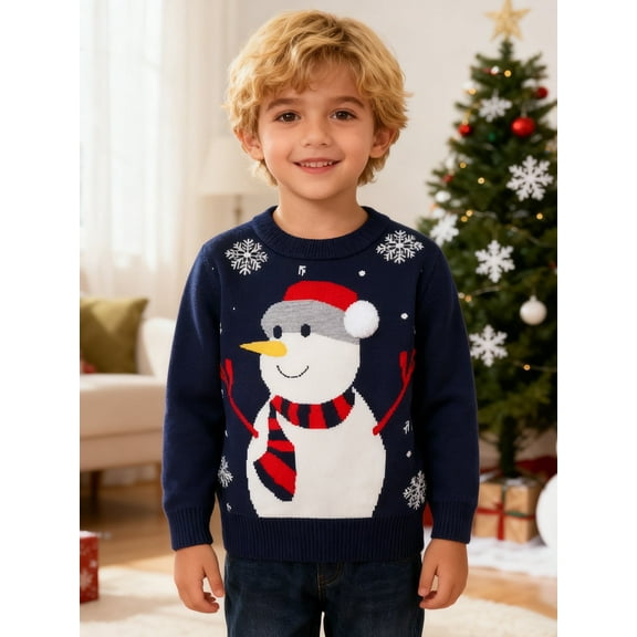 HILEELANG little Boy Girl Christmas Sweater Knite Pullover Xmas Blue Snowman Sweatshirts Tops 6-7T