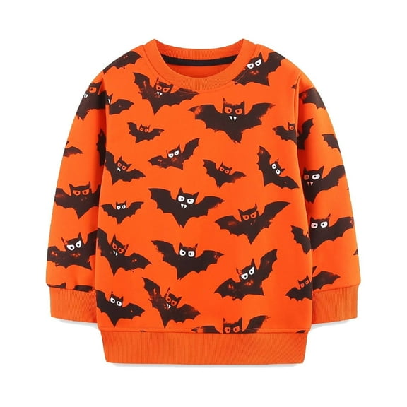 HILEELANG Little Boy Orange Sweatshirts Halloween Bat Printed Crewneck Long Sleeve Pullover Cotton Top Sweater Shirts 6 Years