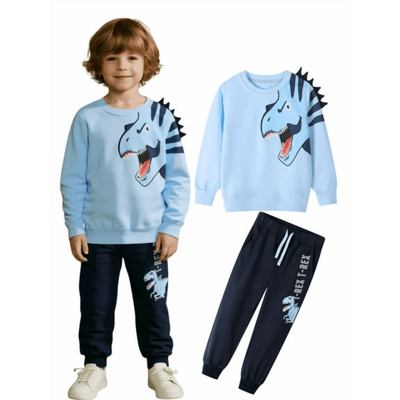 HILEELANG little Boy(2-7Y) Pants Set Light Blue Dinosaur Sweatshirt Joggers Sweatsuit Winter Playwear Outfits Clothing Sets 2pc 7T