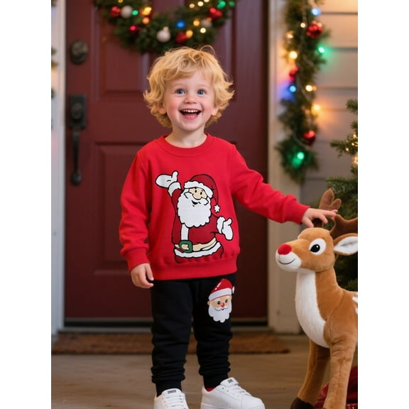 HILEELANG little Boy(2-7Y) Pants Set Red Santa Claus Sweatshirt Joggers Sweatsuit Winter Playwear Outfits Clothing Sets 2pc 7T