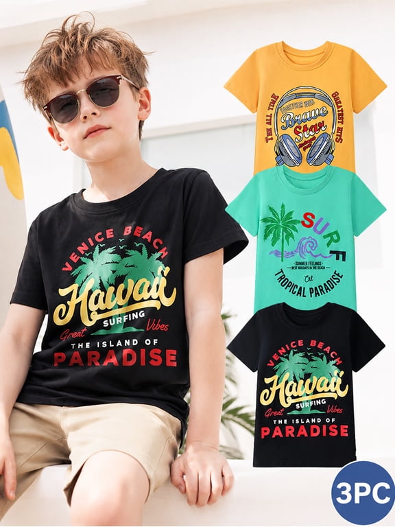 Kids Boys T-Shirts 3 Pack, 100% Cotton Short Sleeve Te for 6-12Y, Vintage Hawaii Surf & Music Theme Summer Tops for Teen Boys