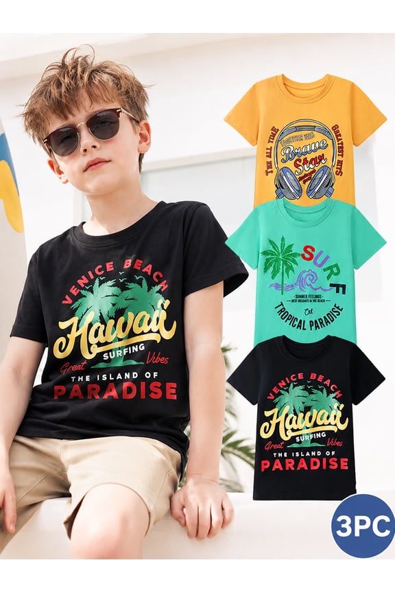 Kids Boys T-Shirts 3 Pack, 100% Cotton Short Sleeve Te for 6-12Y, Vintage Hawaii Surf & Music Theme Summer Tops for Teen Boys