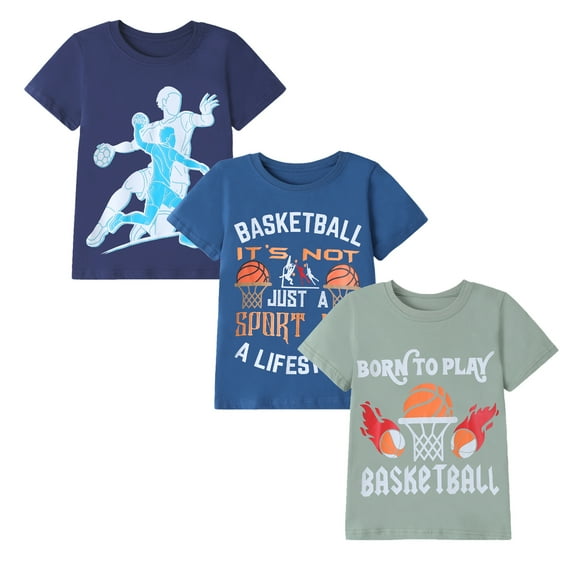 HILEELANG Little Boy Short Sleeve Tees Summer Green Navy Basketball T-Shirts Cotton Tops Shirts 3 Packs Size 7