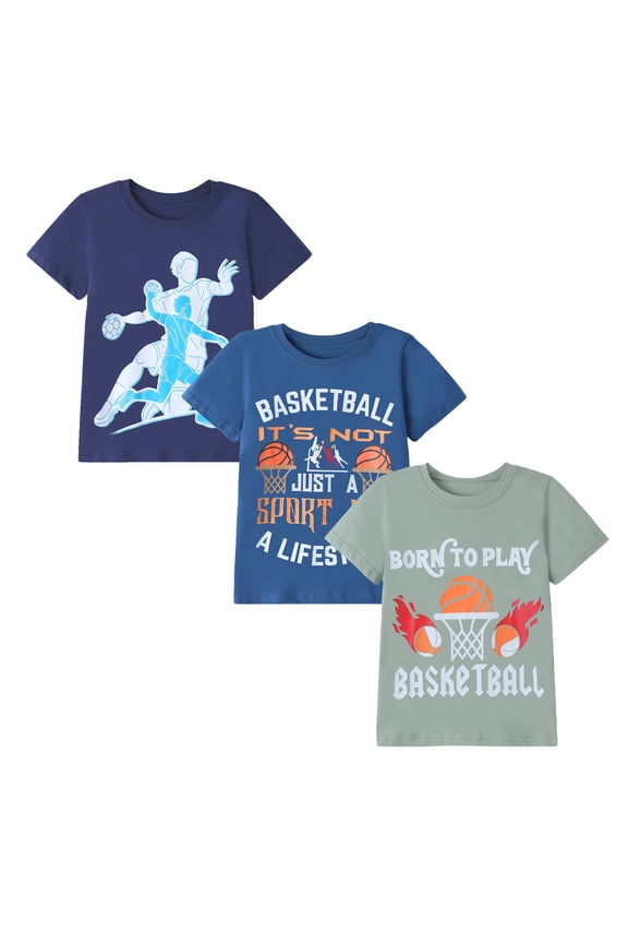 Little Boy Short Sleeve Tees Summer Green Navy Basketball T-Shirts Cotton Tops Shirts 3 Packs Size 7