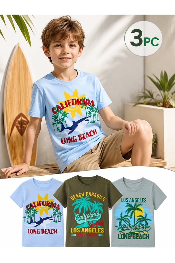 Kids Boys T-Shirts 3 Pack, 100% Cotton Short Sleeve Tees for 6-12Y, California Beach Surf Themed Summer Tops for Teen Boys