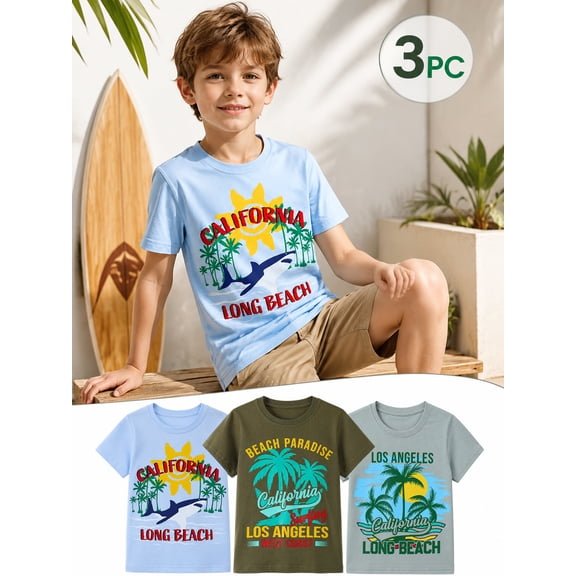 HILEELANG Kids Boys T-Shirts 3 Pack, 100% Cotton Short Sleeve Tees for 6-12Y, California Beach Surf Themed Summer Tops for Teen Boys